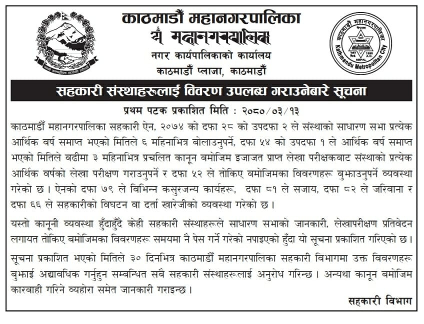 सहकारी संस्थालाई ३० दिनभित्र विवरण पेस गर्न निर्देशन